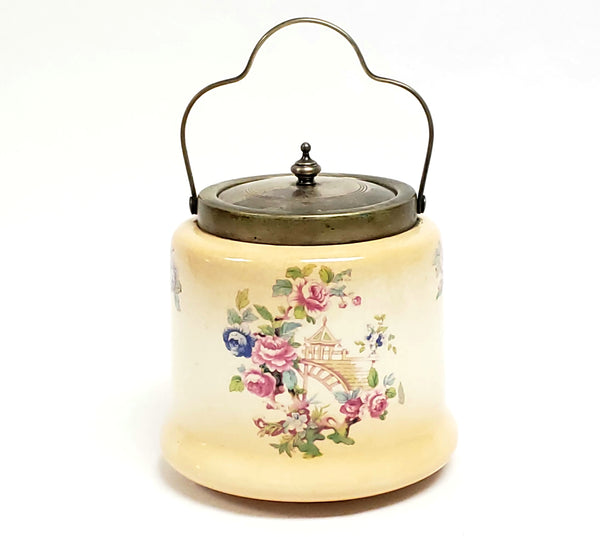 Antique English Biscuit Barrel w/ EPNS Silver Plate Lid and Handle, Gazebo and Roses