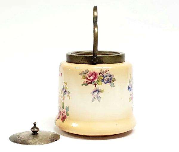 Antique English Biscuit Barrel w/ EPNS Silver Plate Lid and Handle, Gazebo and Roses