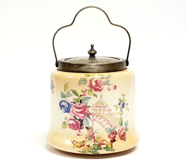 Antique Biscuit Barrel With EPNS Silver Plate Lid and Handle Gazebo and Roses, England