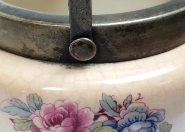Antique English Biscuit Barrel w/ EPNS Silver Plate Lid and Handle, Gazebo and Roses