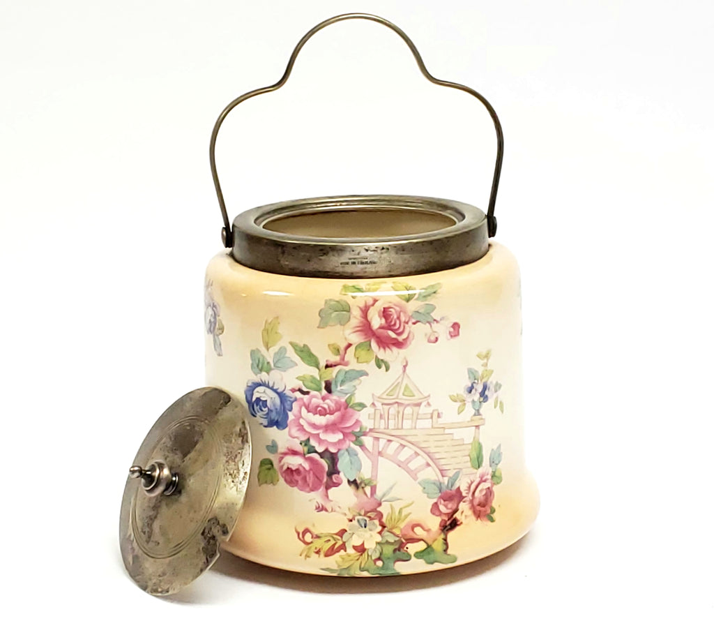 Antique Biscuit Barrel With EPNS Silver Plate Lid and Handle Gazebo and Roses, England