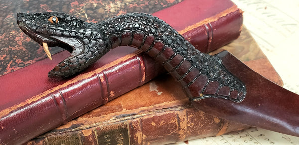 Unusual Wood Carved Paper Knife, Mythical Figural Serpent Snake Head
