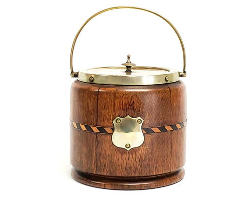 Tiger Oak Biscuit Barrel w/ Inlaid Band & Porcelain Insert