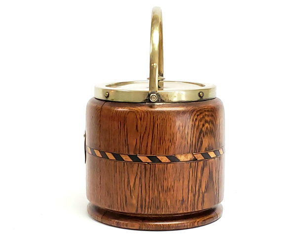 Tiger Oak Biscuit Barrel w/ Inlaid Band & Porcelain Insert