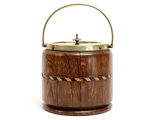 Tiger Oak Biscuit Barrel w/ Inlaid Band & Porcelain Insert