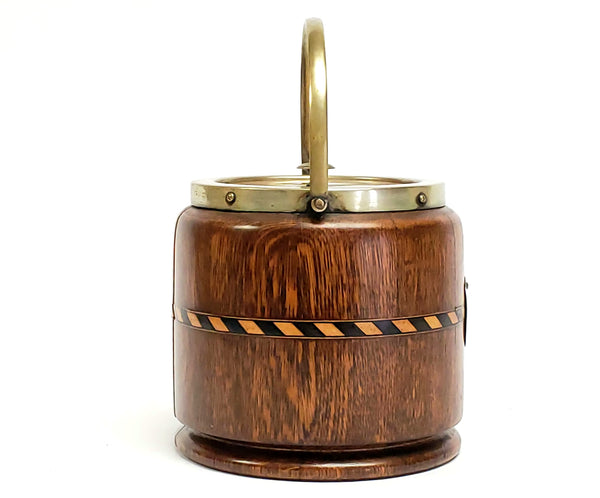 Tiger Oak Biscuit Barrel w/ Inlaid Band & Porcelain Insert