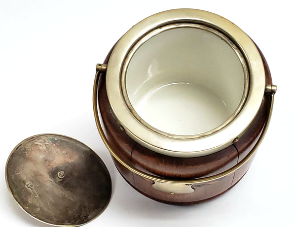 Tiger Oak Biscuit Barrel w/ Inlaid Band & Porcelain Insert