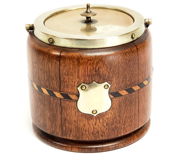 Tiger Oak Biscuit Barrel w/ Inlaid Band & Porcelain Insert