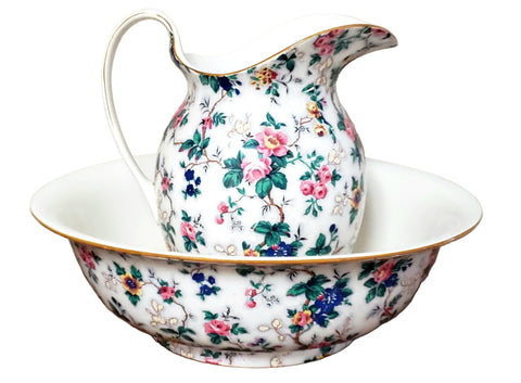 Antique English Crown Ducal Ware Chintz Pitcher & Wash Basin Set Ascot Pattern 1920's