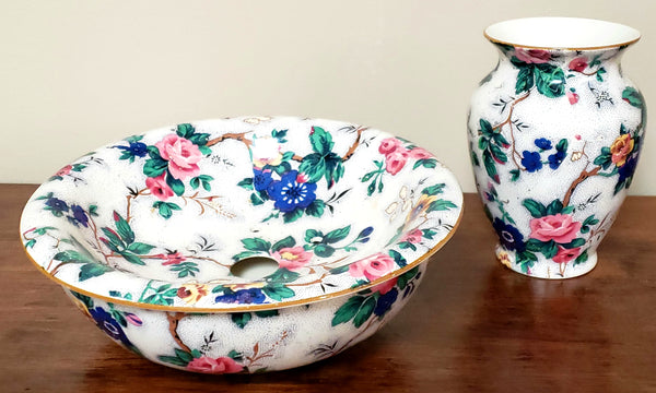 Crown Ducal English Sponge Bowl No Lid & Tooth Brush Holder "Ascot" Chintz England