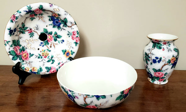 Crown Ducal English Sponge Bowl No Lid & Tooth Brush Holder "Ascot" Chintz England