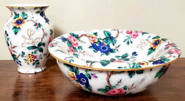 Crown Ducal English Sponge Bowl No Lid & Tooth Brush Holder "Ascot" Chintz England