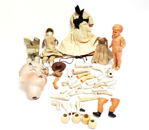 Large 52 Piece Lot of Antique & Vintage Doll Parts - Bisque, Celluloid, Cloth - Repair