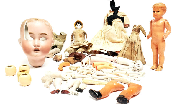 Large 52 Piece Lot of Antique & Vintage Doll Parts - Bisque, Celluloid, Cloth - Repair