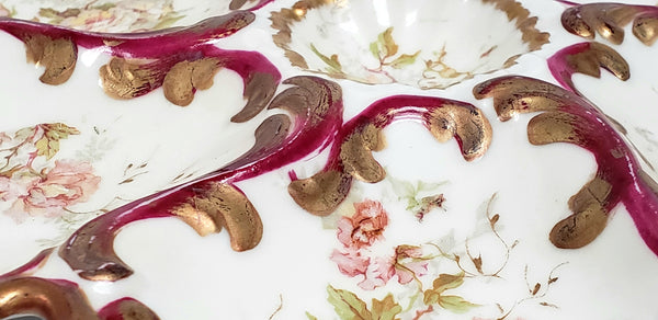 Antique Limoges France Porcelain Oyster Plate with Floral - Pink Roses