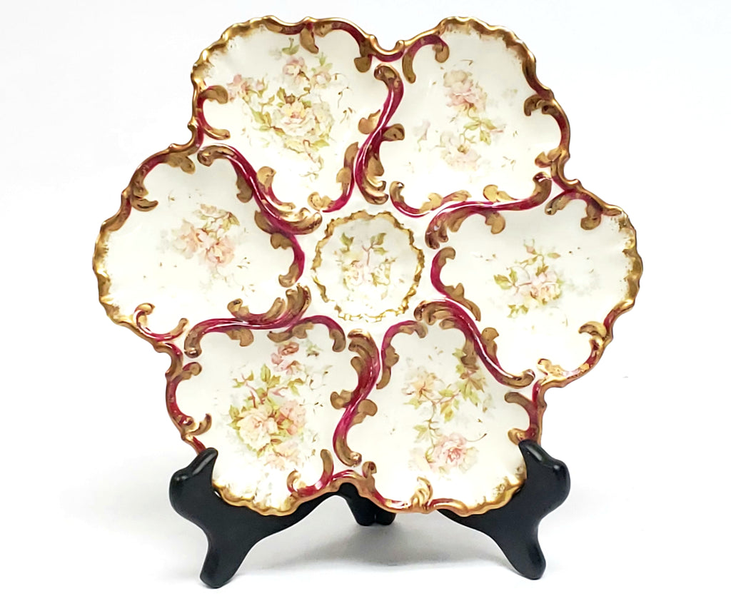 Antique Limoges France Porcelain Oyster Plate with Pink Roses 