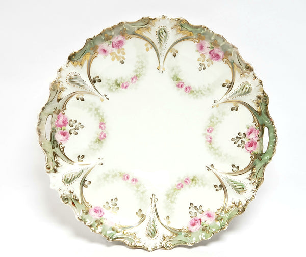 RS Prussia Scalloped Serving Dish, Pink Roses w/ Green Swag - Germany c 1904-1918
