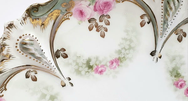 RS Prussia Scalloped Serving Dish w/ Pink Roses w/ Green Swag, Germany c. 1904-1918