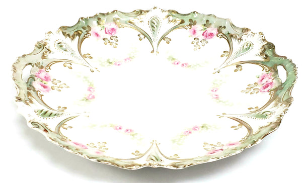 RS Prussia Scalloped Serving Dish w/ Pink Roses w/ Green Swag, Germany c. 1904-1918