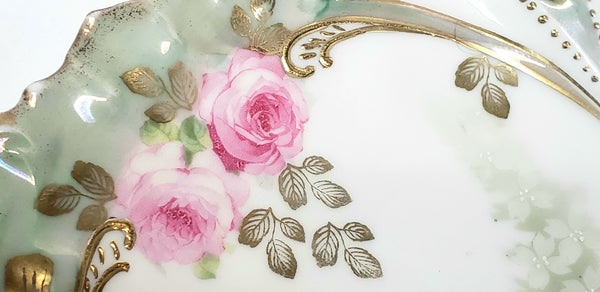 RS Prussia Scalloped Serving Dish w/ Pink Roses w/ Green Swag, Germany c. 1904-1918