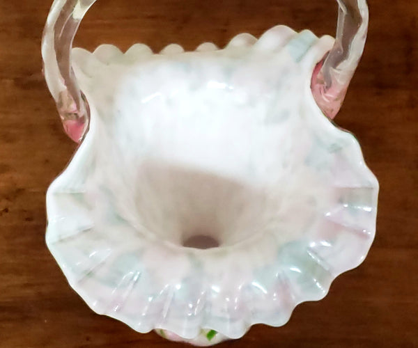 Fenton 11" Handled Basket Rose and Green Aventurine Vasa Murrhin Art Glass ~ Mid Century