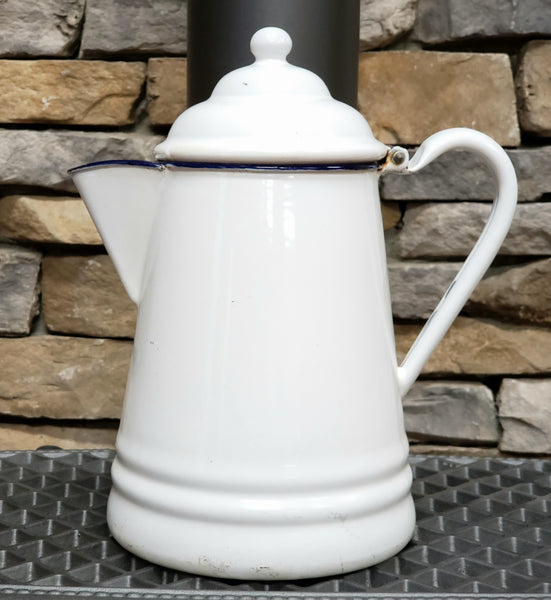 Early White Enamelware Coffee Pot with Dark Blue Trim