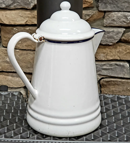 Vintage White Enamelware Coffee Pot with Dark Blue Trim