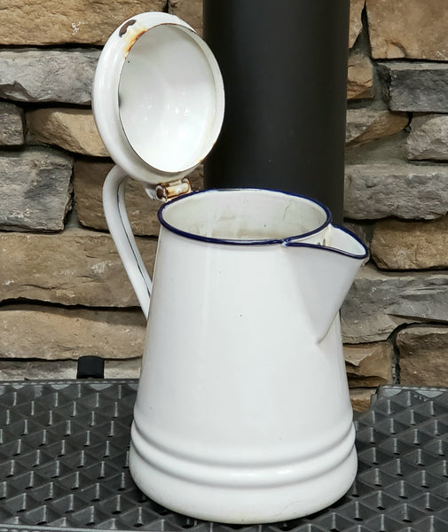 Vintage White Enamelware Coffee Pot with Dark Blue Trim