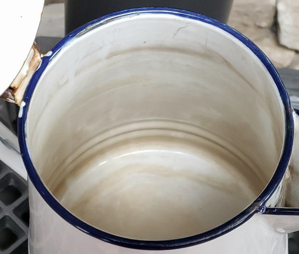 Vintage White Enamelware Coffee Pot with Dark Blue Trim