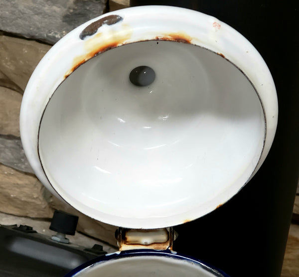 Vintage White Enamelware Coffee Pot with Dark Blue Trim