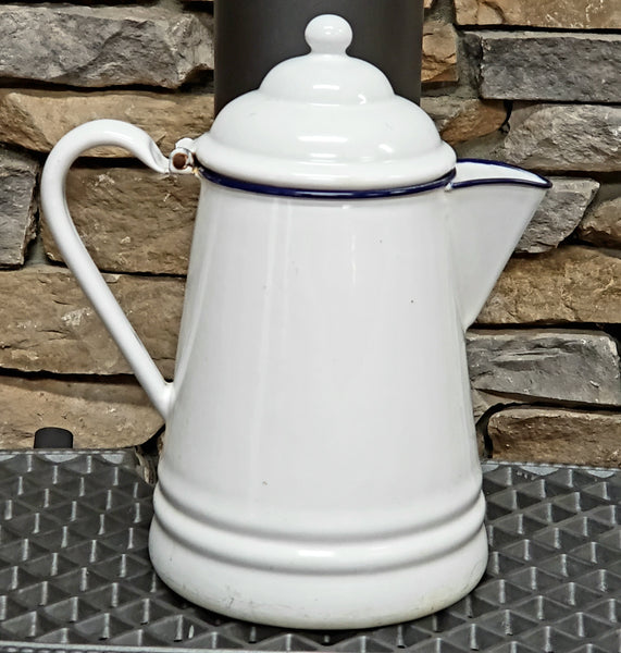 Vintage White Enamelware Coffee Pot with Dark Blue Trim