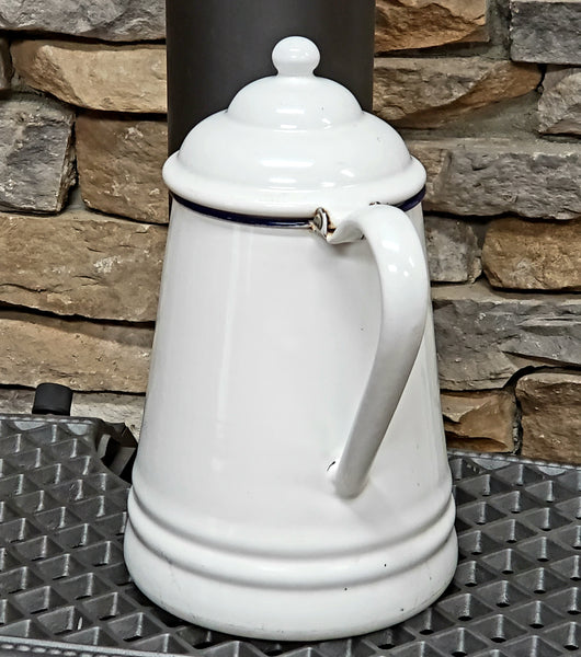Vintage White Enamelware Coffee Pot with Dark Blue Trim