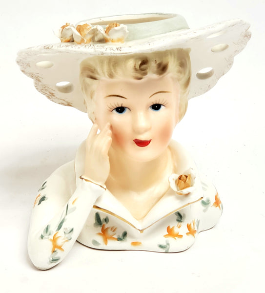 Lefton Ceramic Lady Head Vase w/ Original Foil Sticker 3140B ~ 1950 - 1960's