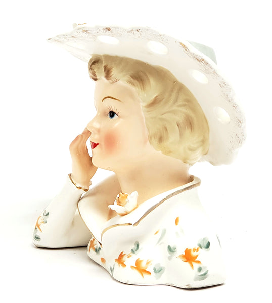 Lefton Ceramic Lady Head Vase w/ Original Foil Sticker 3140B ~ 1950 - 1960's