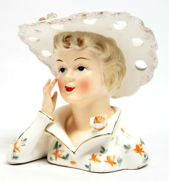 Lefton Ceramic Lady Head Vase w/ Original Foil Sticker 3140B ~ 1950 - 1960's