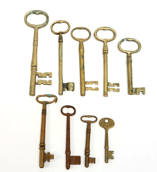Antique Skeleton Keys, Collection of 9 Assorted Sizes and Styles