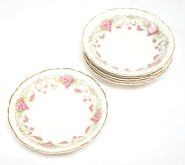 Antique Round Side Dishes, Set of 6, Pink Rose Clusters by Johnson Brothers England ~ 1891-1920