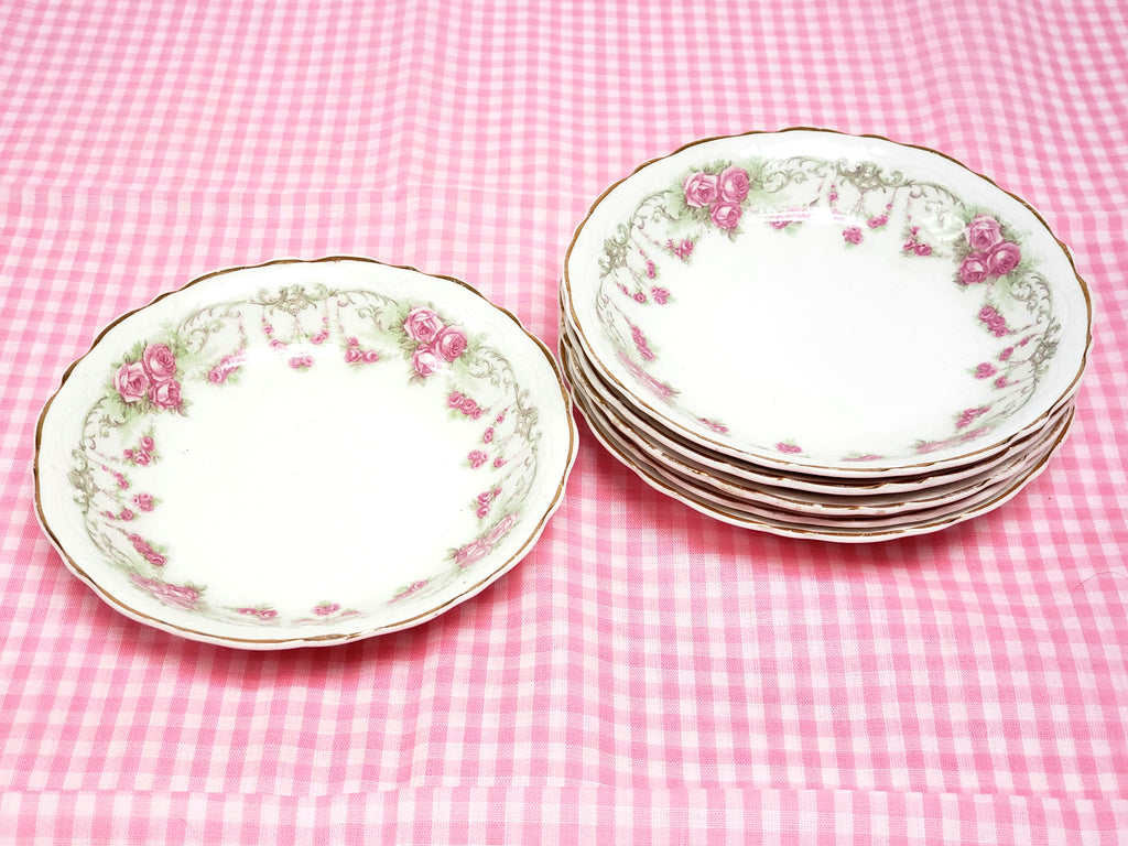Antique Round Side Dishes, Set of 6, Pink Rose Clusters by Johnson Brothers England ~ 1891-1920