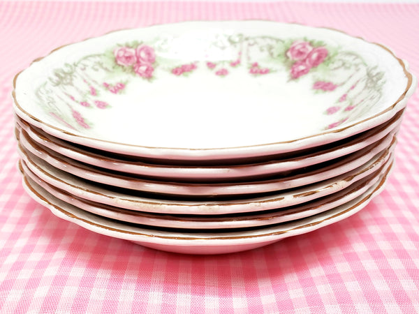 Antique Round Side Dishes, Set of 6, Pink Rose Clusters by Johnson Brothers England ~ 1891-1920