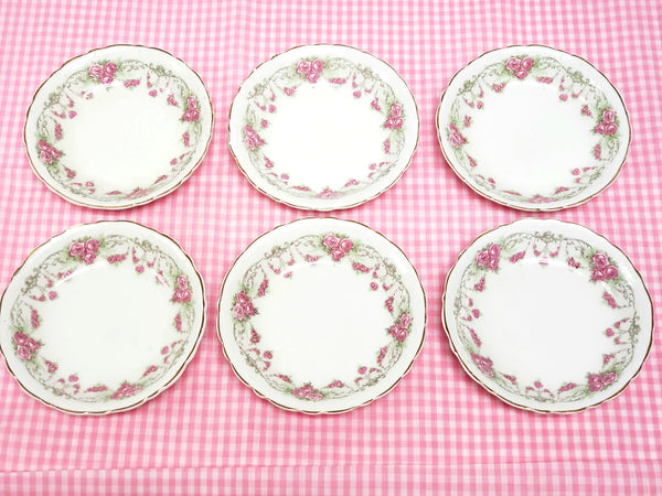 Antique Round Side Dishes, Set of 6, Pink Rose Clusters by Johnson Brothers England ~ 1891-1920