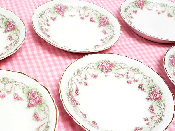 Antique Round Side Dishes, Set of 6, Pink Rose Clusters by Johnson Brothers England ~ 1891-1920