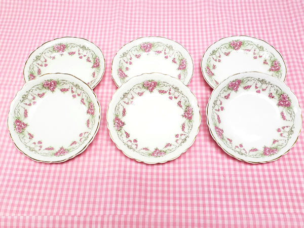 Antique Round Side Dishes, Set of 6, Pink Rose Clusters by Johnson Brothers England ~ 1891-1920