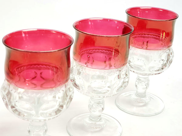 King's Crown Thumbprint Cranberry Flashed Glass Water Goblets - Set of 8