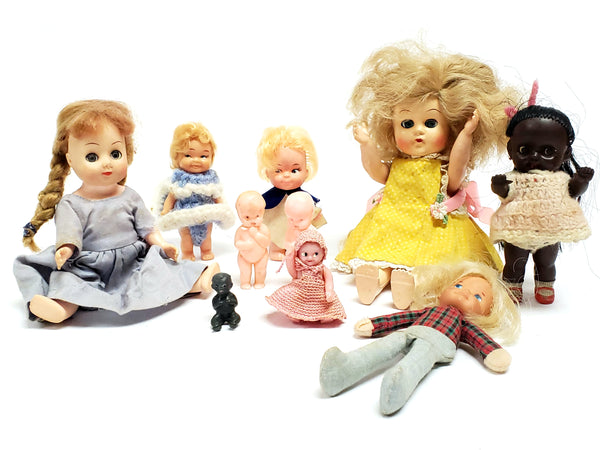 Vintage Small Dolls Lot of 8 Celluloid, Plastic, Rubber, Cloth Collectibles