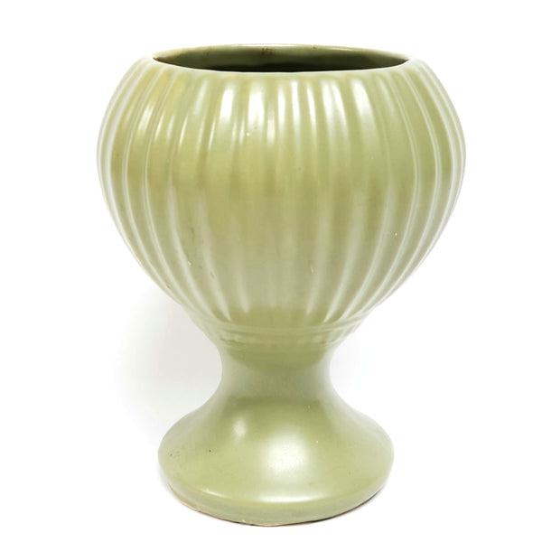 McCoy Floraline Ribbed Olive Green Pedestal Vase # 407 ~ Mid-20th Century