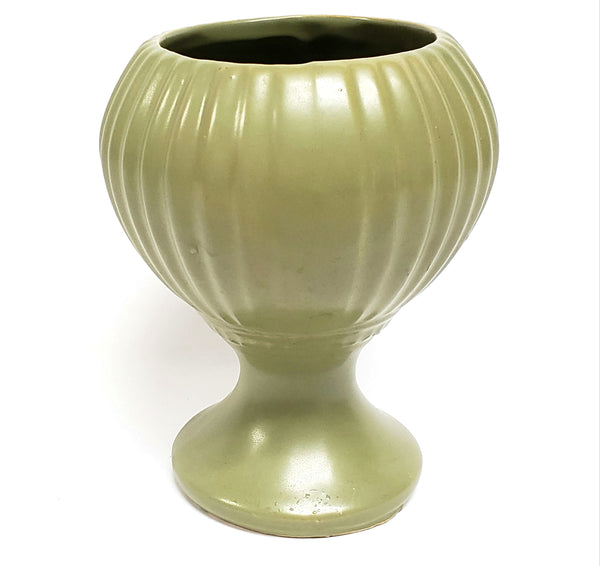 McCoy Floraline Ribbed Olive Green Pedestal Vase # 407 ~ Mid-20th Century