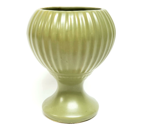 McCoy Floraline Ribbed Olive Green Pedestal Vase # 407 ~ Mid-20th Century