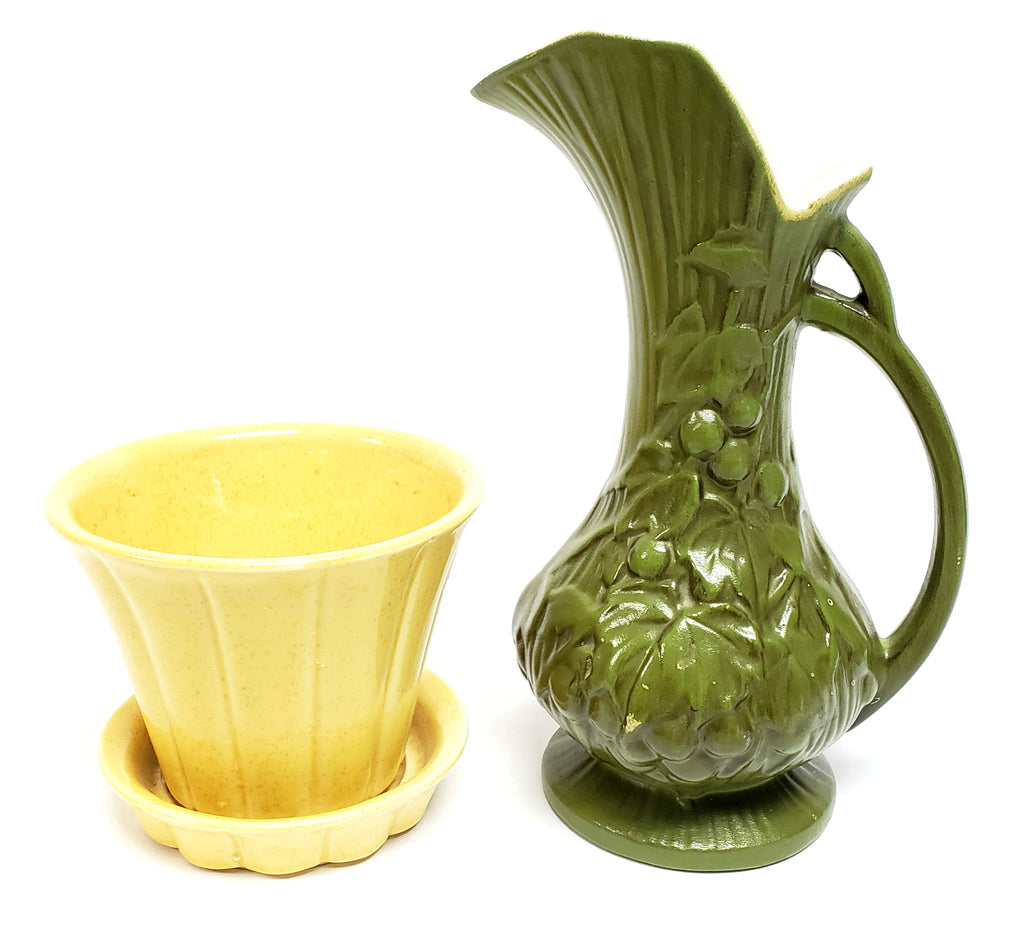 McCoy Pottery Olive Green Pitcher Grapes & Vines and Yellow Planter