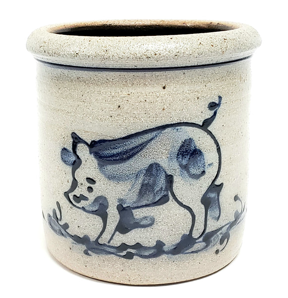 Salt Glazed Stoneware Crock, Cobalt Blue Pig Pattern by Rowe Pottery Works 1989