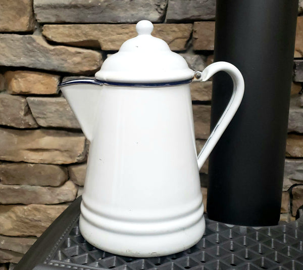 Vintage White Enamelware Coffee Pot with Dark Blue Trim